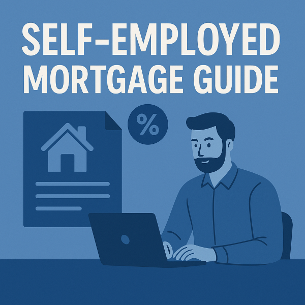 A blue-toned illustration showing a bearded man working on a laptop, with a large mortgage document icon and a percentage symbol beside him. The text “Self-Employed Mortgage Guide” appears at the top in bold white lettering,