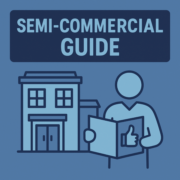 A blue-toned graphic showing a building and a simplified person holding an open guide with a thumbs-up symbol, with the title "Semi-Commercial Guide" displayed prominently above.