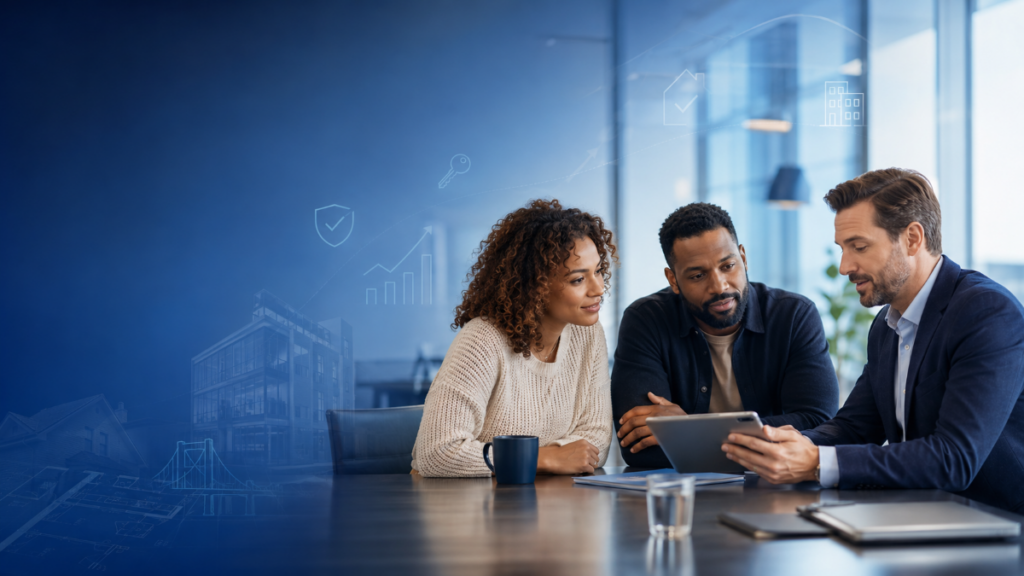 Specialist Finance Solutions hero image showing a diverse couple speaking with a finance adviser in a modern office, with property, lending, approval and growth icons representing complex mortgage and specialist finance support.
