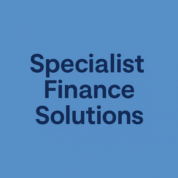 A square 600 by 600 graphic with a solid medium blue background in colour #5b7dbc. In the centre, bold dark navy text in colour #23294c reads “Specialist Finance Solutions,” arranged over three lines in a clean, modern sans-serif font.