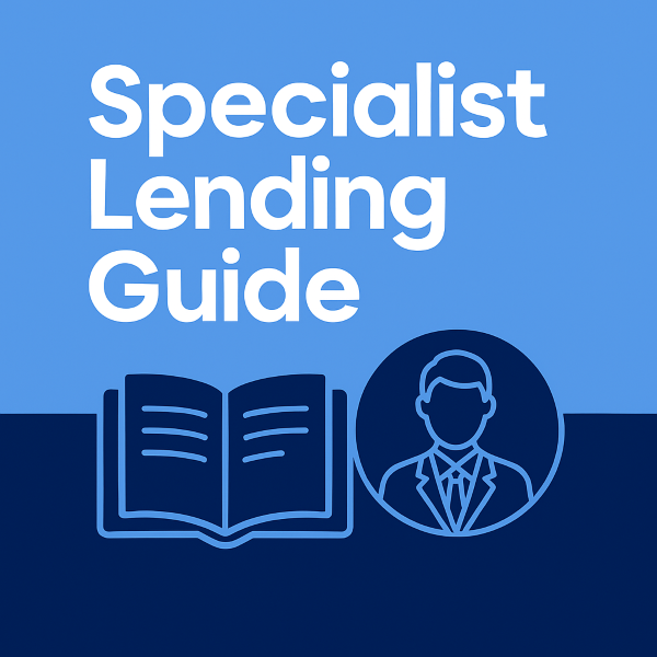 Blue icon graphic titled “Specialist Lending Guide”, featuring an open book icon alongside a simplified person symbol, representing expert lending information.