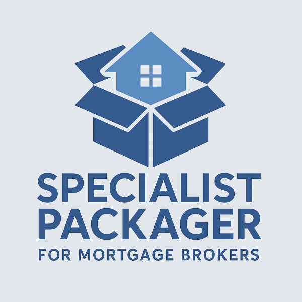 Blue square logo reading “Specialist Packager for Mortgage Brokers”, featuring a stylised house icon with layered shapes above the text, representing specialist mortgage packaging support.