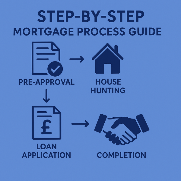 Blue infographic titled “Step-by-Step Mortgage Process Guide”, showing icons and labels for each stage including pre-approval, house hunting, loan application, and completion, arranged in a clear sequence.