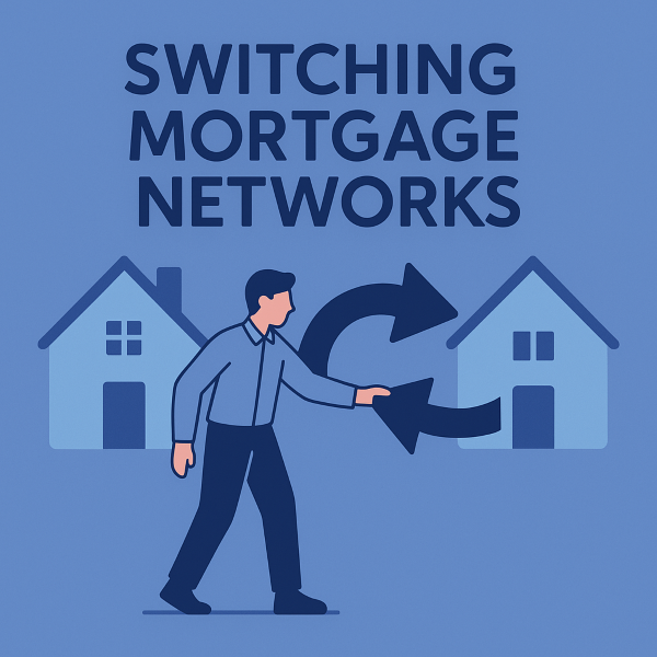 A flat-style digital illustration featuring a man in blue walking between two house icons, with curved arrows representing a transition. The text “Switching Mortgage Networks”