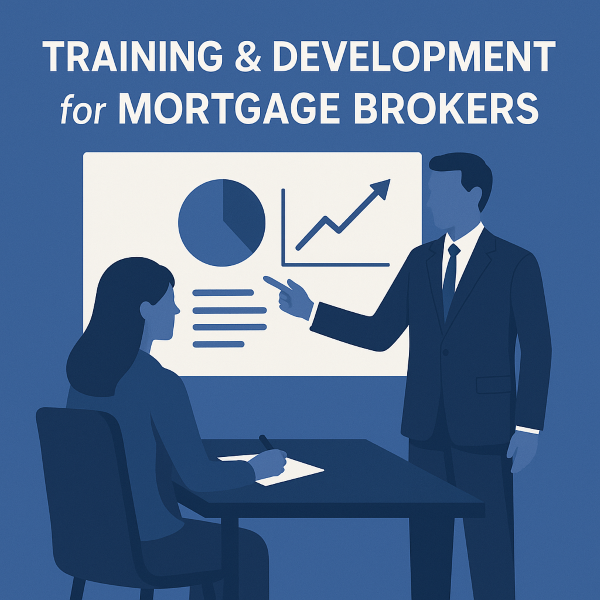 A flat-style blue illustration showing a male instructor in a suit pointing to a presentation board with charts, while a female trainee sits at a table taking notes. The text “Training & Development for Mortgage Brokers” appears above in white.