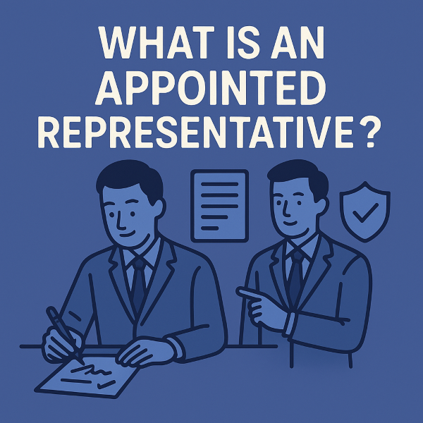 A square blue graphic featuring the text “What is an Appointed Representative?” at the top, with two illustrated professionals in suits below. One is signing a document while the other points toward him, with simple line-art icons such as a document and a shield in the background.