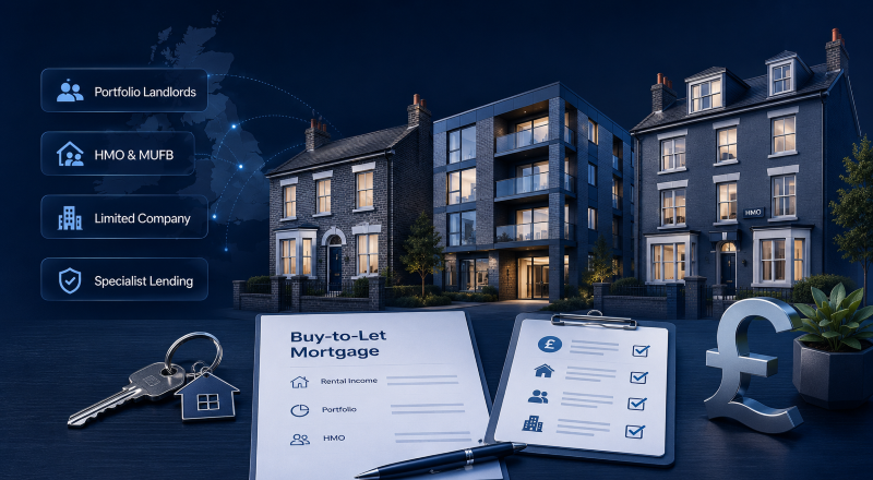 When Buy-to-Let Cases Need Specialist Underwriting, showing UK rental properties, mortgage documents, keys and specialist lending icons.