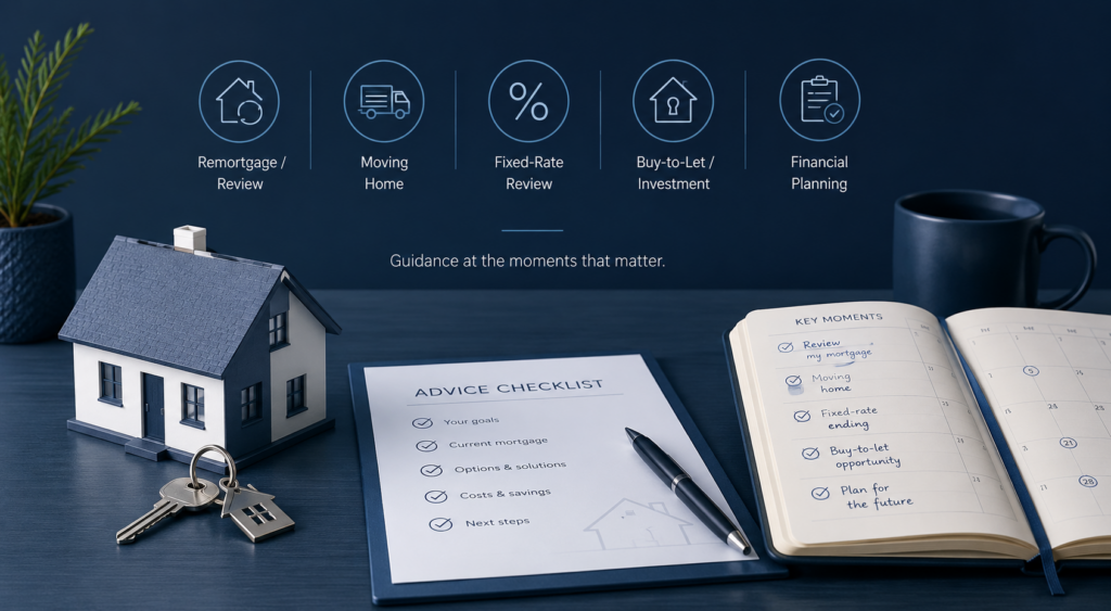 When Mortgage Advice Adds the Most Value, shown through a house model, keys, an advice checklist and key mortgage planning moments.