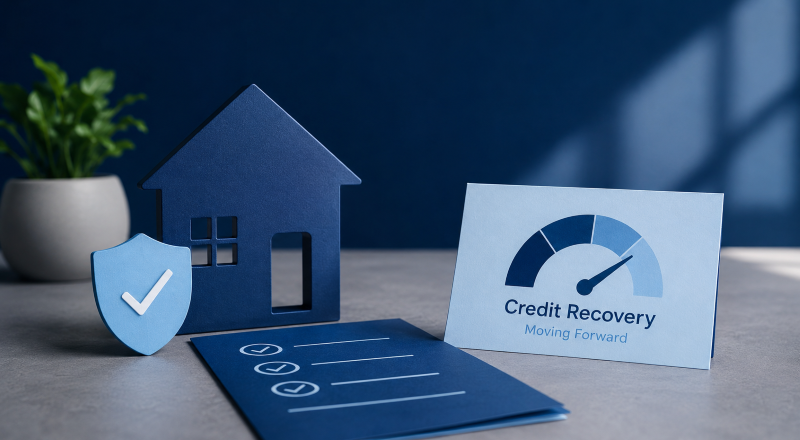 Adverse Credit Mortgage Cases concept image showing a blue house icon, shield symbol, checklist paperwork and credit recovery card in Connect-branded dark and light blue tones.