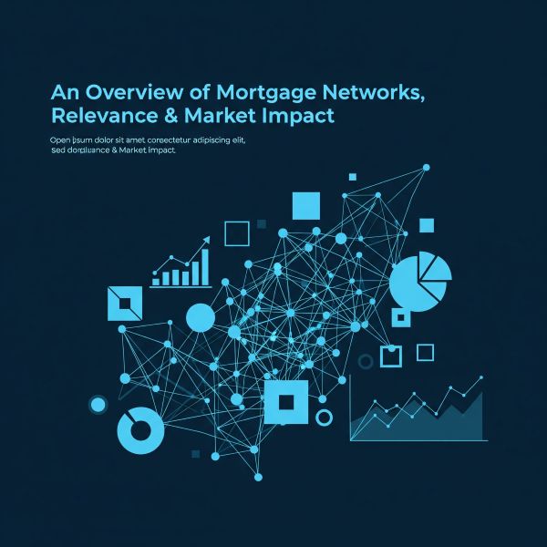 Dark blue gradient slide-style graphic with the headline “An Overview of Mortgage Networks, Relevance & Market Impact” in light blue at the top left, and a short placeholder paragraph beneath. The lower half features a stylised network of connected dots and lines with data-themed icons, including bar charts, a line graph, and pie chart elements.