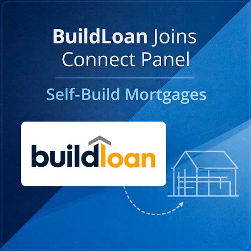 Square 600x600 announcement graphic in two-tone blue with a diagonal split and rounded corners. At the top, white text reads ‘BuildLoan Joins Connect Panel’ with a thin divider line underneath, and light blue text below saying ‘Self-Build Mortgages’. In the lower left is the BuildLoan logo placed inside a rounded white rectangle, shown in its original navy, grey and orange colours. On the lower right is a simple line illustration of a house frame in light blue with a dotted curved arrow pointing toward it, suggesting self-build progress.