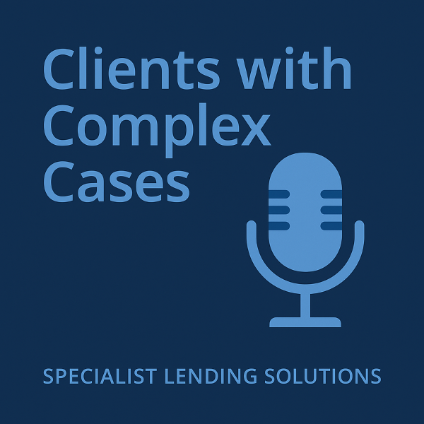 A square (600×600) podcast cover graphic in a two-colour palette only: Light Blue (#232942) and Dark Blue (#5b7dbc). Dark blue background with light blue typography in Open Sans reading “Clients with Complex Cases” and smaller subheading “Specialist Lending Solutions”. A clean, minimalist microphone icon in the same two colours to the right side.