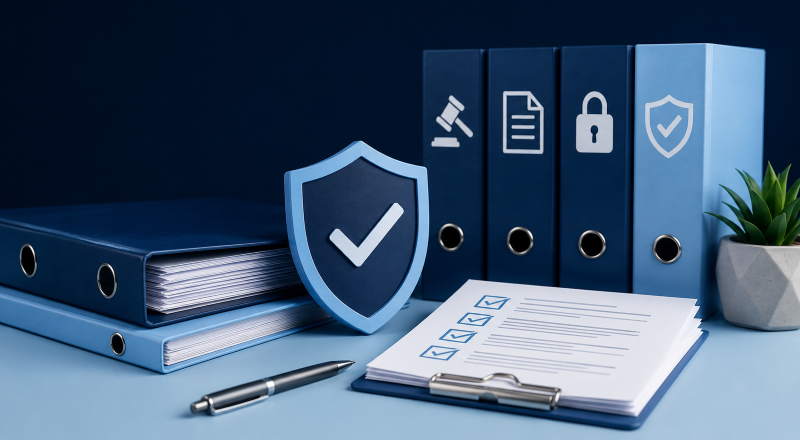 Compliance Focused Mortgage Network hero image showing a modern blue-toned compliance workspace with folders, checklist paperwork, a pen, and a shield icon, representing secure, professional mortgage network compliance support.
