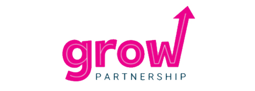 Grow Partnership logo featuring the word “grow” in bright pink lowercase lettering with an upward arrow extending from the letter “w”, and the word “PARTNERSHIP” in smaller grey uppercase text beneath on a white background.