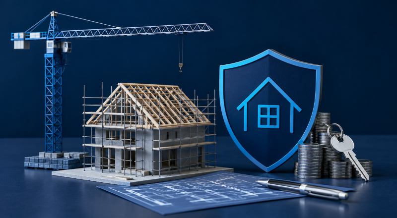 Development Exit Finance hero image showing a house under construction beside a crane, blueprint, coins, keys and a home protection shield in dark blue and light blue branded colours.