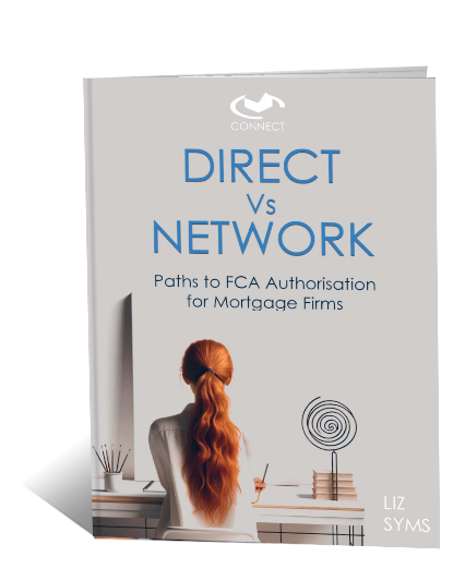 Booklet-style cover titled “Direct vs Network” with the subtitle “Paths to FCA Authorisation for Mortgage Firms”. The cover shows a woman with long red hair seated at a desk facing away, with minimalist décor elements, and Connect branding at the top.