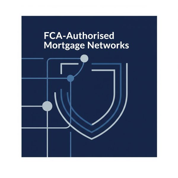 Square dark blue graphic with white text in the top-left reading ‘FCA-Authorised Mortgage Networks’. A large outline shield icon sits in the centre-right, overlaid with thin circuit-like lines and connecting dots in light blue and grey, suggesting regulation, security, and connected systems.