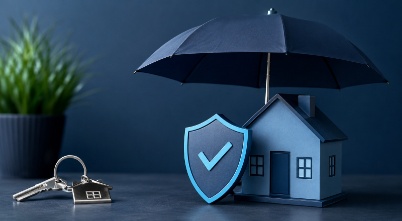 Home Insurance Guide showing a model house protected by an umbrella and shield, with house keys in Connect’s dark and light blue brand colours.
