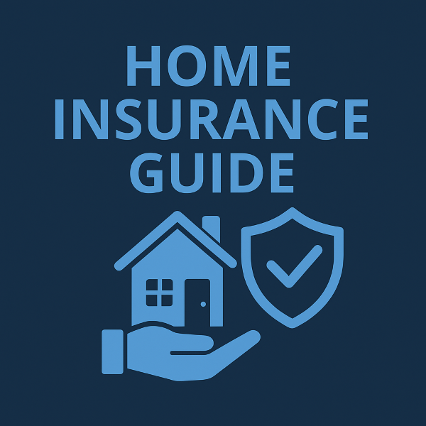 Home Insurance Guide cover graphic in two-tone blue: large “HOME INSURANCE GUIDE” title on a dark navy background, with a light-blue icon of a house resting on an open hand beside a shield with a checkmark.