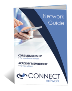 Booklet-style cover titled “Network Guide” with a blue and white design. The front shows a hand holding a tablet, with text listing “Core Membership for experienced advisers” and “Academy Membership for new advisers”. The Connect Network logo appears at the bottom of the cover.