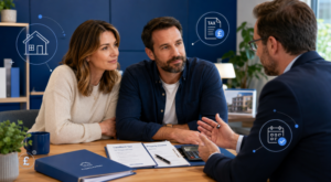 Landlord Tax Changes consultation with a white couple reviewing property income documents and tax updates with an adviser.