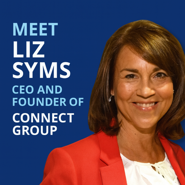 Square graphic on a dark blue gradient background featuring a portrait of Liz Syms smiling in a red blazer on the right, with Open Sans text on the left reading: “MEET LIZ SYMS, CEO AND FOUNDER OF CONNECT GROUP” in light blue and white.