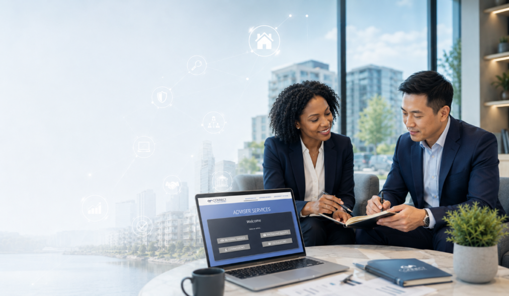Hero image for Mortgage Network Access for DAs, showing two professional directly authorised advisers in a modern office reviewing the Connect Adviser Services platform on a laptop, with subtle mortgage, lender access, compliance and network support icons in the background.