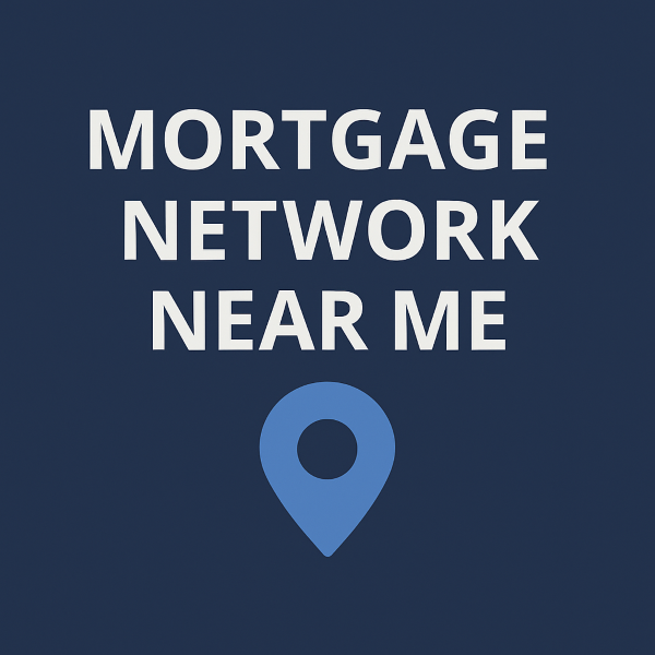 Square 600×600 graphic with a dark blue gradient background. Centered in large white, bold sans-serif uppercase text: “MORTGAGE” on the first line, “NETWORK” on the second, “NEAR ME” on the third. Below the text is a light blue location pin icon centered near the bottom.