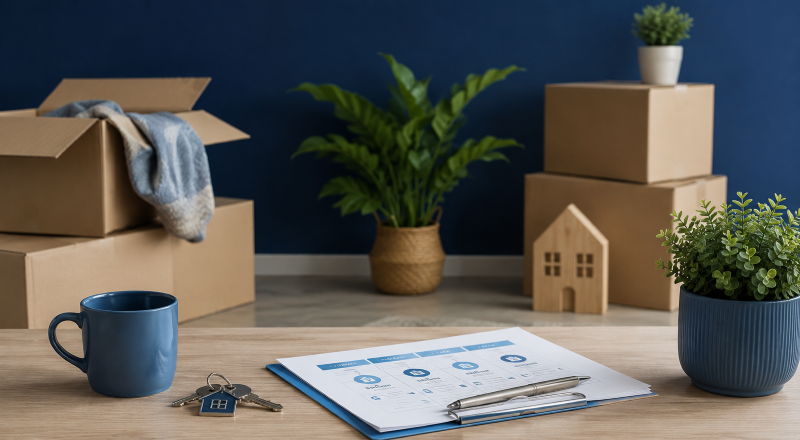 Moving Home With a Mortgage, showing a stylish home-moving scene with boxes, house keys, a small wooden house, and mortgage paperwork in blue tones.