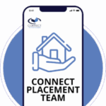 Circular graphic showing a smartphone with the Connect Placement Team branding on screen. The display features a house icon above the text “CONNECT PLACEMENT TEAM”, all set within a blue circular background.