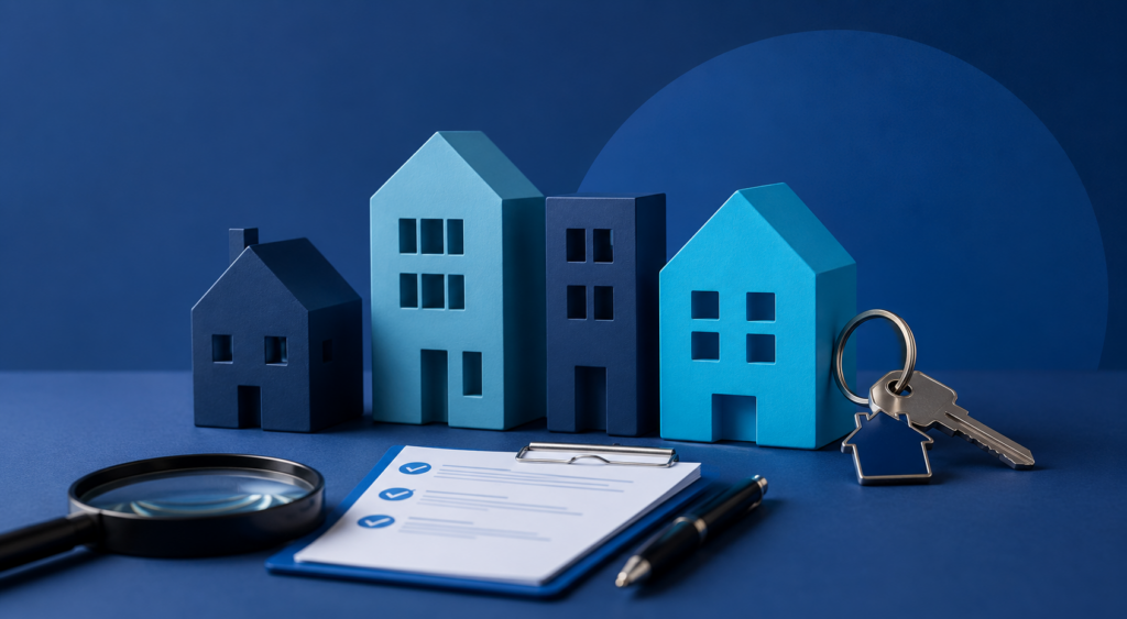 Specialist lender underwriting represented by property models, a mortgage checklist, keys and a magnifying glass.