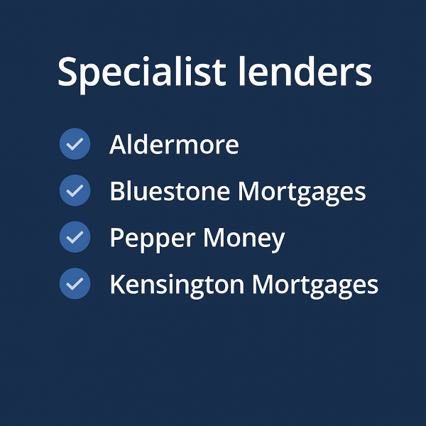 Square graphic with a dark navy-to-blue gradient background. Large white heading at the top reads “Specialist lenders”. Below, four rows show a light-blue circular check icon on the left and the lender names in white on the right: “Aldermore”, “Bluestone Mortgages”, “Pepper Money”, and “Kensington Mortgages”. Clean, modern layout with generous spacing and no currency symbols.