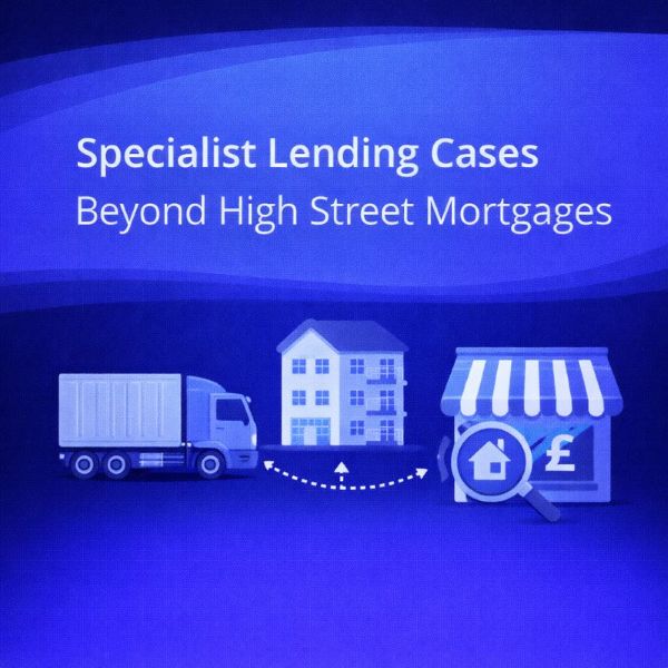 Square blue graphic with a wave-style gradient background. White headline text reads “Specialist Lending Cases” with “Beyond High Street Mortgages” underneath. Along the bottom are simplified icons representing specialist scenarios: a delivery truck, an apartment building, and a shopfront with a pound symbol and a small property icon, linked by dotted arrows to show a wider range of lending options.