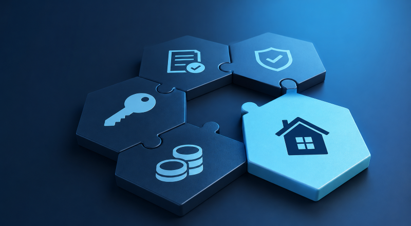 Specialist Lending Cases illustration in dark blue and light blue, showing interlocking puzzle pieces with icons for home, key, coins, document and protection.