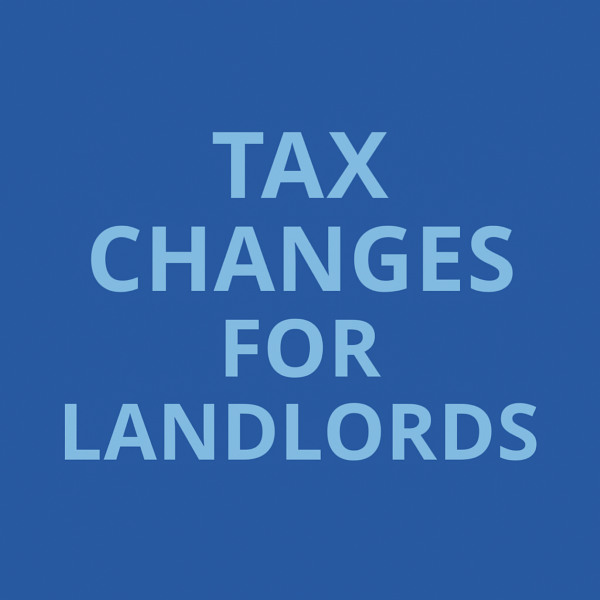 Square 600×600 graphic with a solid dark blue background (#5b7dbc) and centered, uppercase light blue text (#232942) in Open Sans reading “TAX CHANGES FOR LANDLORDS” across four lines.