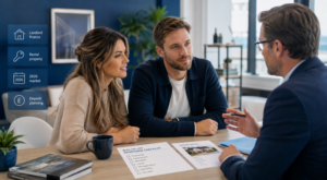 Buy-to-Let Mortgages in 2026 consultation with a couple and mortgage adviser reviewing landlord finance options.