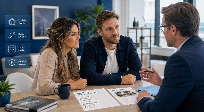 Buy-to-Let Mortgages in 2026 consultation with a couple and mortgage adviser reviewing landlord finance options.