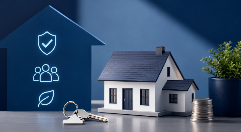 Why Property Still Matters hero image showing a house model, keys, stacked coins and homeownership icons in a blue branded setting.