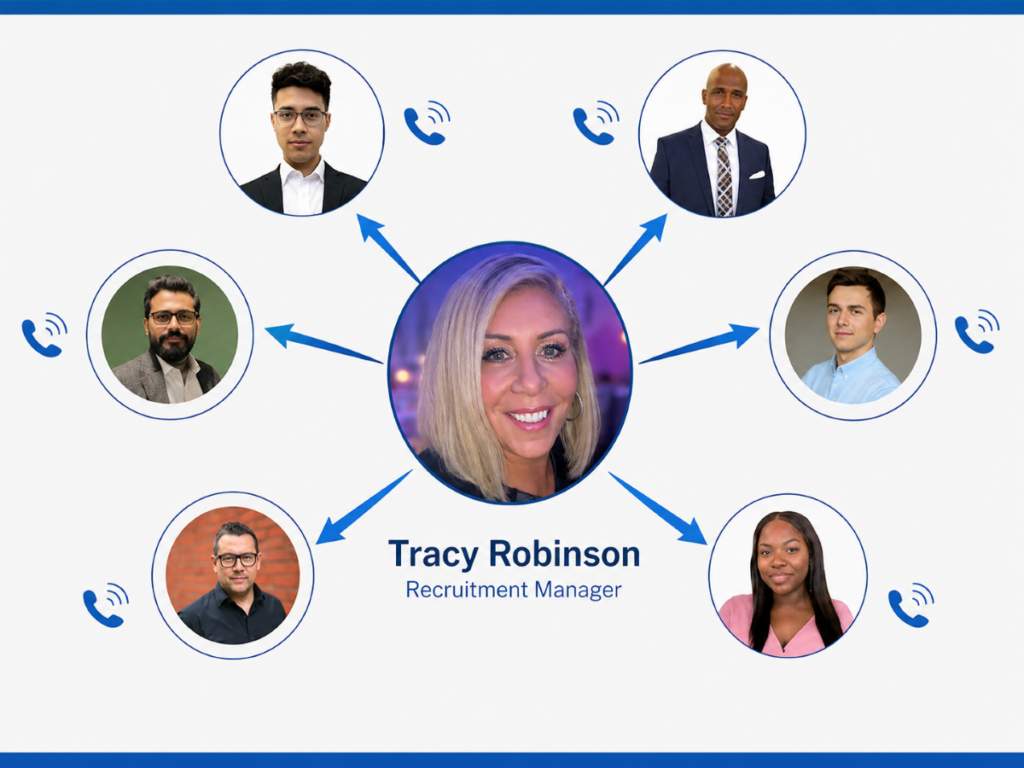 Tracy Robinson, Business Recruitment Manager, shown at the centre of a professional adviser network graphic with connected mortgage brokers and phone icons around her.