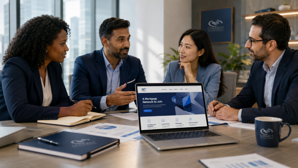 A Mortgage Network to Join: four multicultural business professionals meeting in a modern office around a table, with a laptop displaying the Connect page, alongside branded stationery and a mug.