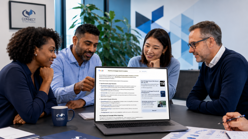 Mortgage Network to Explore: experienced multicultural advisers reviewing Google search results for Connect for Intermediaries in a modern office setting.