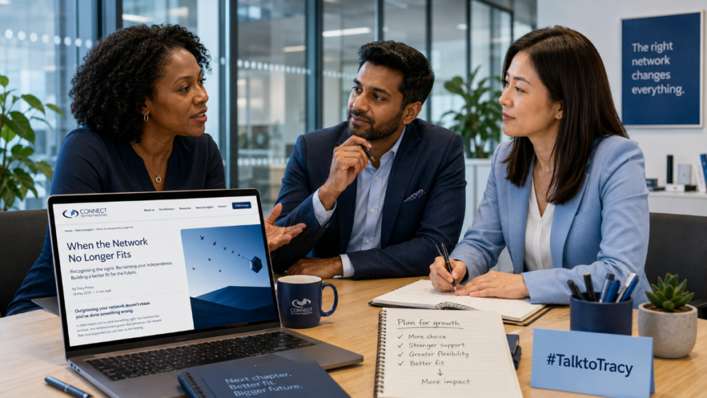 When the Network No Longer Fits: experienced multicultural mortgage professionals reviewing business growth, network support and adviser strategy in a modern office.