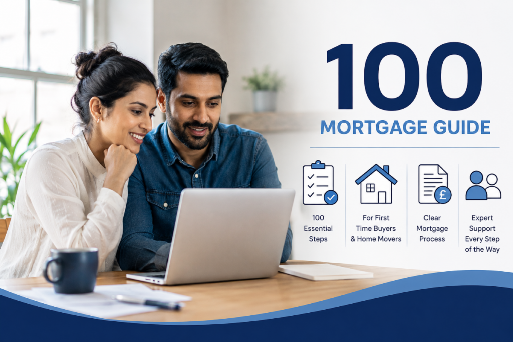 100 Mortgage Guide hero image showing a couple using a laptop, with mortgage process icons for essential steps, first-time buyers and home movers, clear mortgage guidance, and expert support.