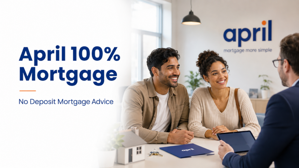 April 100% Mortgage hero image showing a diverse couple speaking with a mortgage adviser about no deposit mortgage advice, with the April Mortgage logo displayed on the back wall.