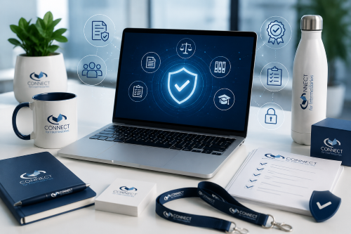 Connect Brokers Compliance support shown on a branded laptop workspace with compliance, security and adviser support icons