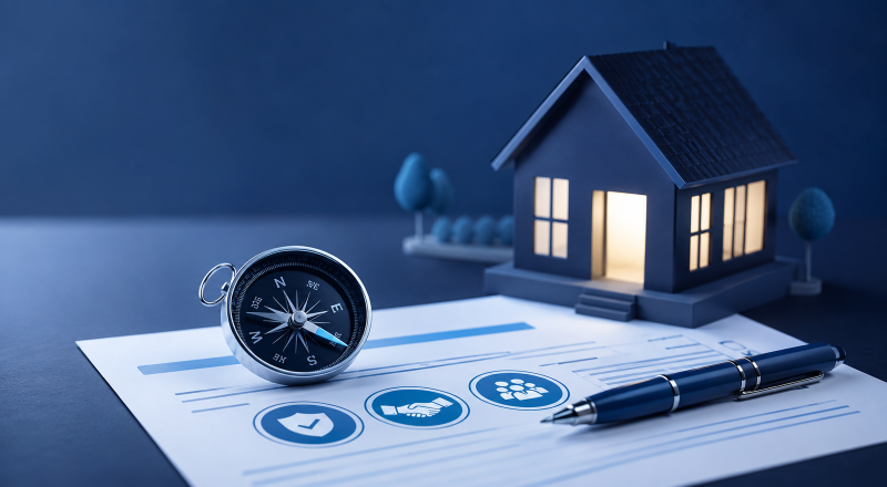 Experienced Mortgage Advisers providing trusted mortgage guidance, represented by a compass, property model and professional documents.