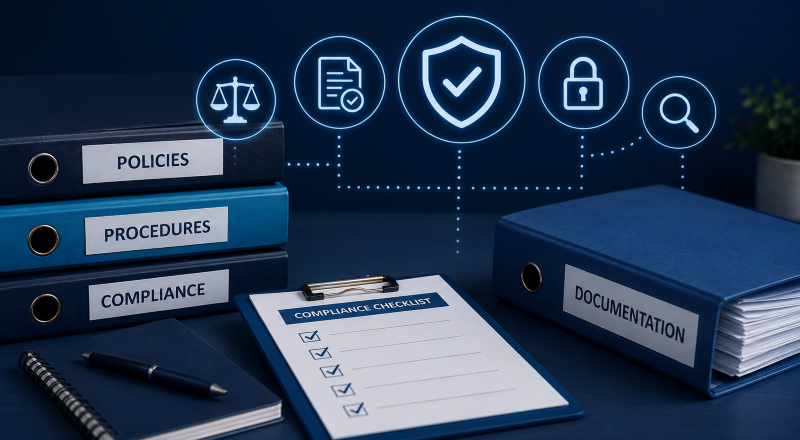 Mortgage Compliance Support for UK Advisers: a branded blue office workspace featuring compliance folders, a checklist clipboard, and regulatory icons including a shield, scales, a padlock, and a search symbol.