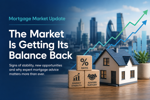 Hero image for a Mortgage Market Update showing a model house, rising market graphs and the London skyline, highlighting improving stability, new opportunities and the value of expert mortgage advice.