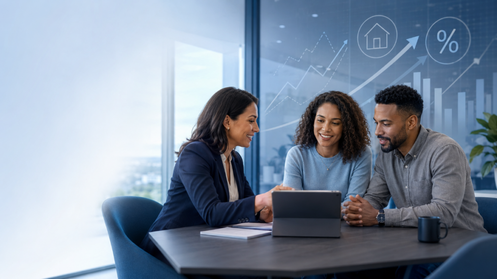 Mortgage Networks & Market Trends hero image showing a diverse couple meeting with a mortgage adviser, with property, percentage and growth trend symbols representing changes in the mortgage network market.