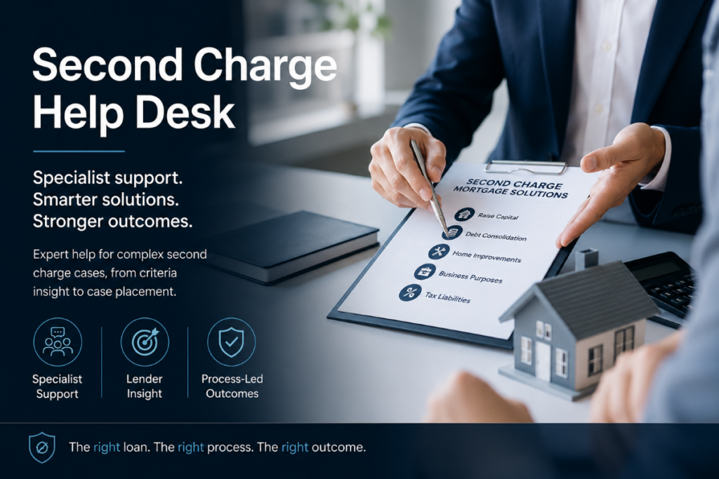 Second Charge Help Desk showing a mortgage adviser reviewing second charge mortgage options, lender criteria and process-led case support for specialist lending outcomes.